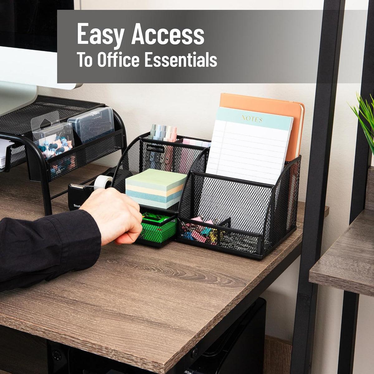 7-Compartment Desktop Organizer, Metal Mesh Desk Organizer for Pens, Sticky Notes, Mail and Office Supplies, Black