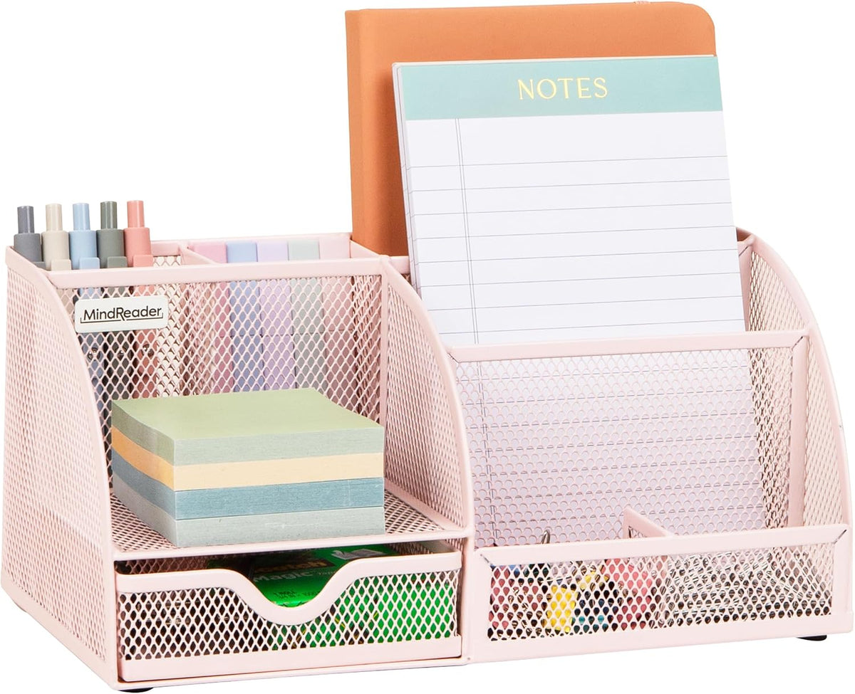 7-Compartment Desktop Organizer, Metal Mesh Desk Organizer for Pens, Sticky Notes, Mail and Office Supplies, Black