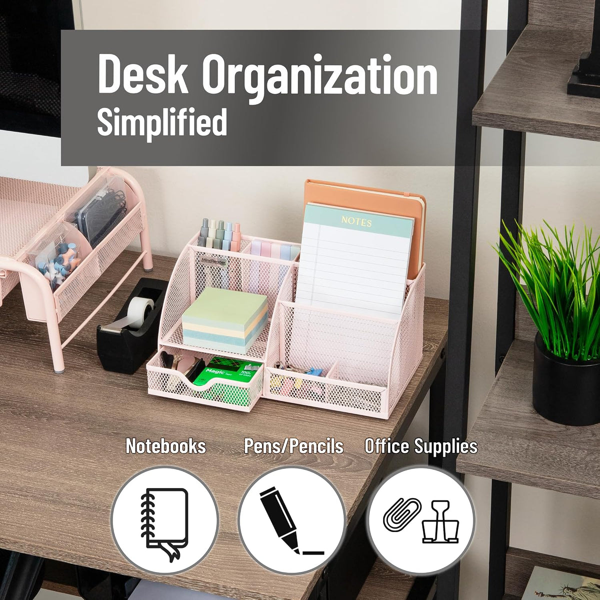 7-Compartment Desktop Organizer, Metal Mesh Desk Organizer for Pens, Sticky Notes, Mail and Office Supplies, Black