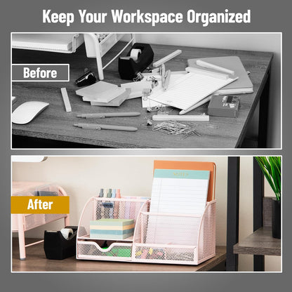 7-Compartment Desktop Organizer, Metal Mesh Desk Organizer for Pens, Sticky Notes, Mail and Office Supplies, Black