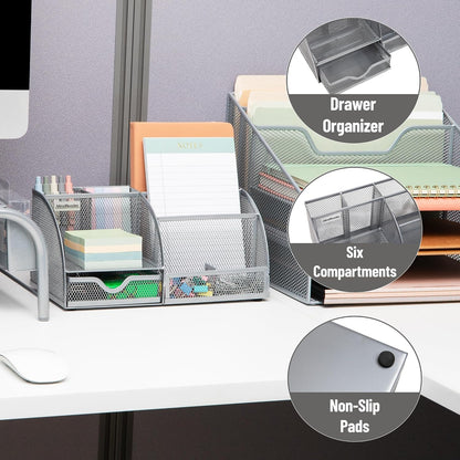 7-Compartment Desktop Organizer, Metal Mesh Desk Organizer for Pens, Sticky Notes, Mail and Office Supplies, Black