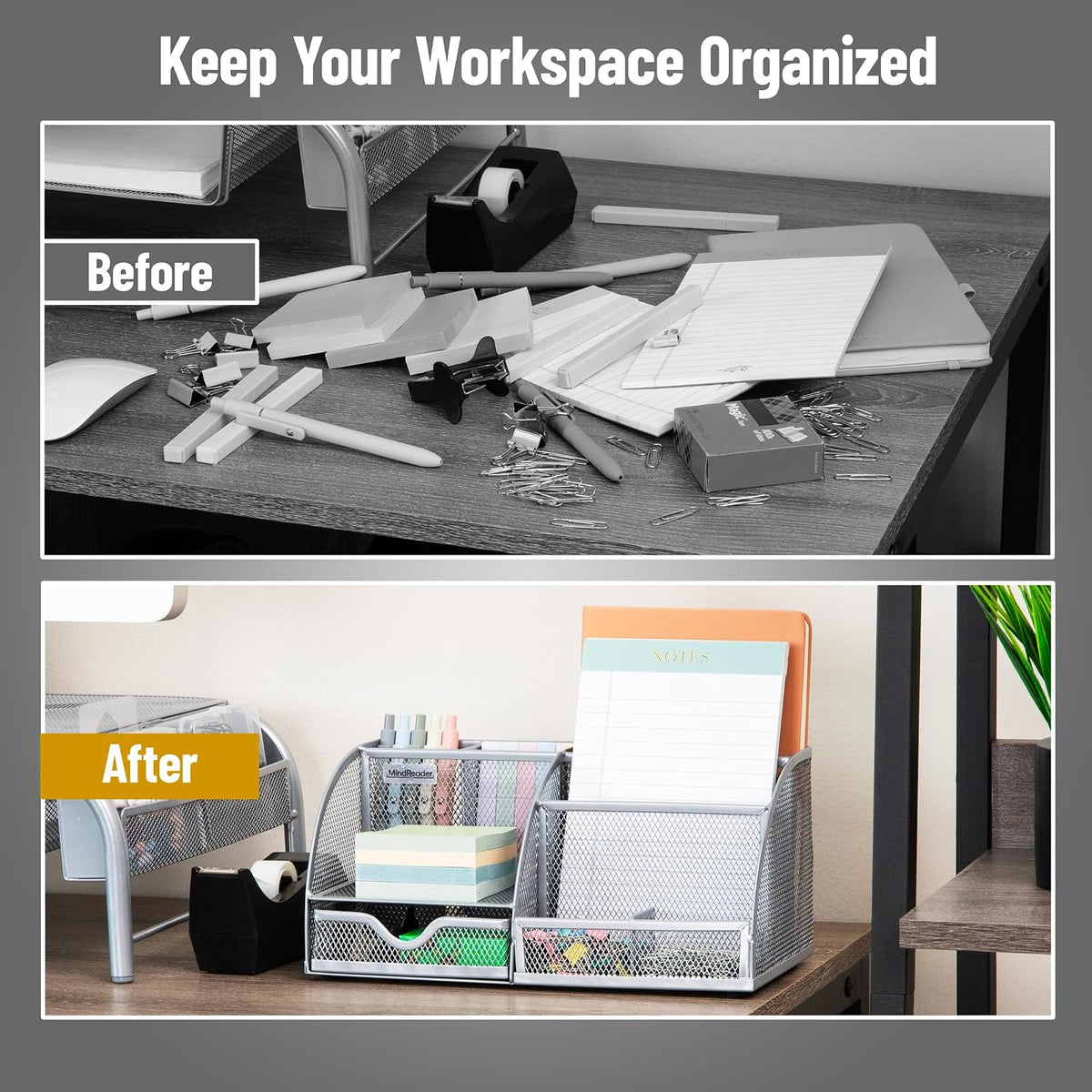 7-Compartment Desktop Organizer, Metal Mesh Desk Organizer for Pens, Sticky Notes, Mail and Office Supplies, Black