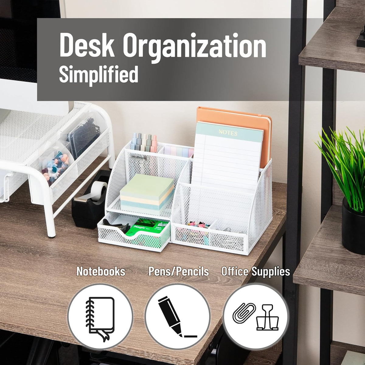 7-Compartment Desktop Organizer, Metal Mesh Desk Organizer for Pens, Sticky Notes, Mail and Office Supplies, Black
