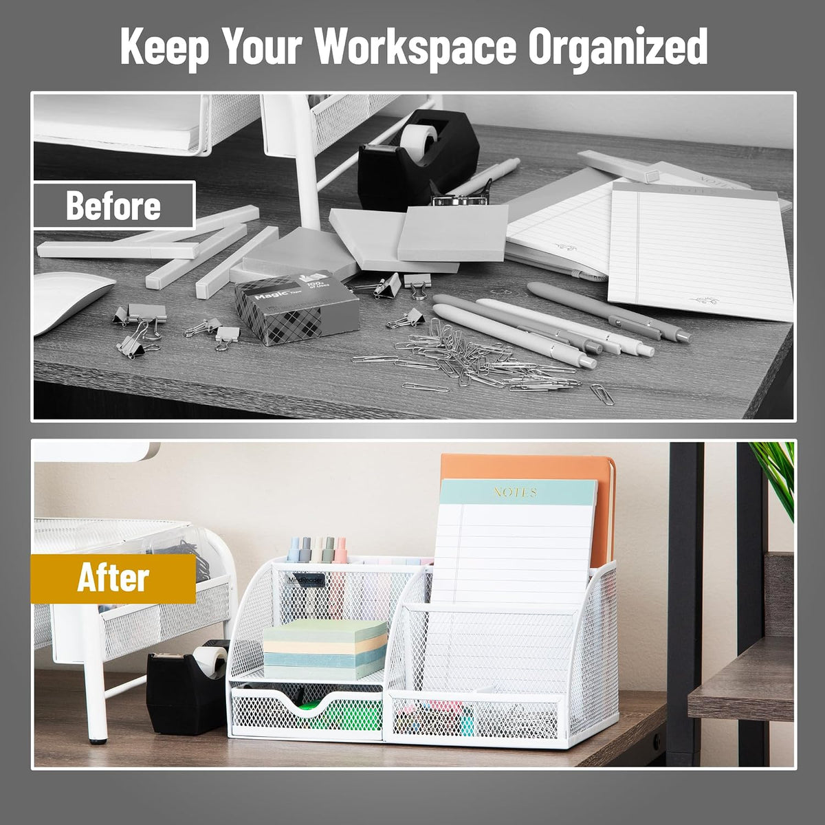 7-Compartment Desktop Organizer, Metal Mesh Desk Organizer for Pens, Sticky Notes, Mail and Office Supplies, Black