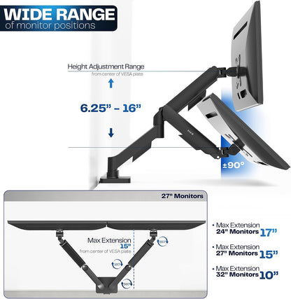 Dual Monitor Stand, Fully Adjustable Arms for 17 to 32 inch Screens, Mechanical Articulating Desk Mount, Gaming and Office Setups, VESA 75x75, 100x100, Max 19.8 lbs, Classic, Black, STAND-V002O