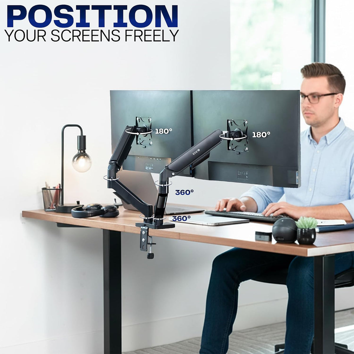 Dual Monitor Stand, Fully Adjustable Arms for 17 to 32 inch Screens, Mechanical Articulating Desk Mount, Gaming and Office Setups, VESA 75x75, 100x100, Max 19.8 lbs, Classic, Black, STAND-V002O