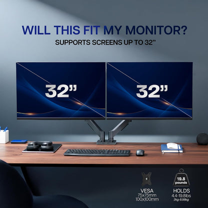 Dual Monitor Stand, Fully Adjustable Arms for 17 to 32 inch Screens, Mechanical Articulating Desk Mount, Gaming and Office Setups, VESA 75x75, 100x100, Max 19.8 lbs, Classic, Black, STAND-V002O