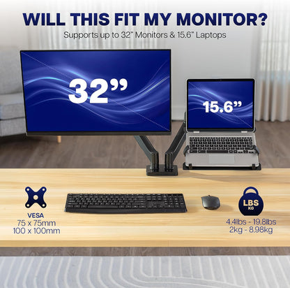 Dual Monitor Stand, Fully Adjustable Arms for 17 to 32 inch Screens, Mechanical Articulating Desk Mount, Gaming and Office Setups, VESA 75x75, 100x100, Max 19.8 lbs, Classic, Black, STAND-V002O