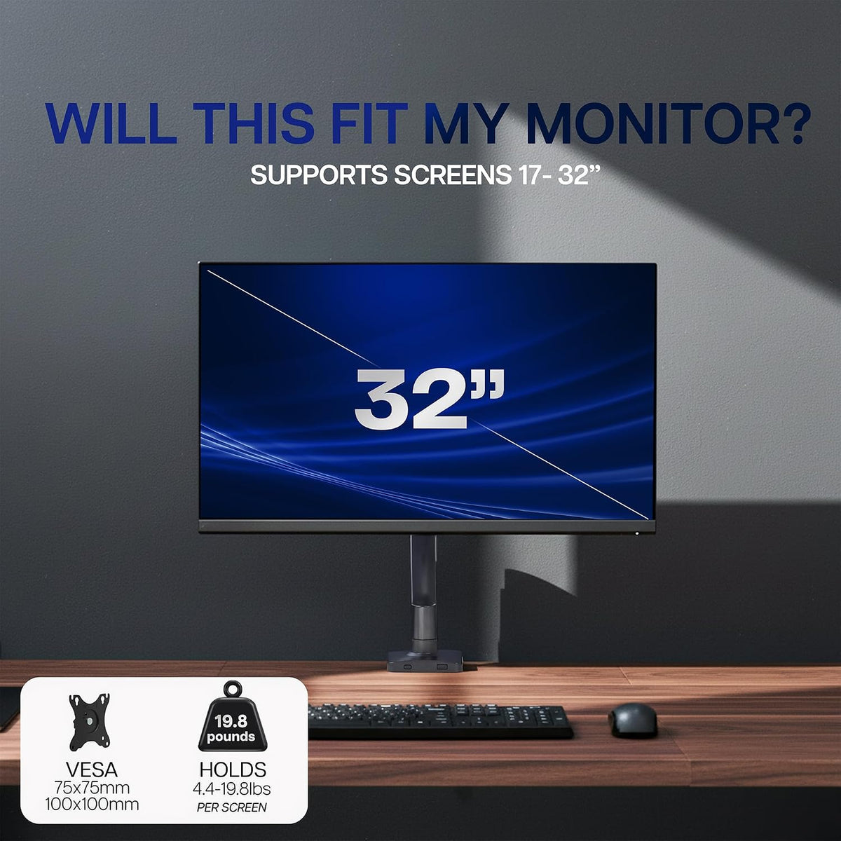 Dual Monitor Stand, Fully Adjustable Arms for 17 to 32 inch Screens, Mechanical Articulating Desk Mount, Gaming and Office Setups, VESA 75x75, 100x100, Max 19.8 lbs, Classic, Black, STAND-V002O