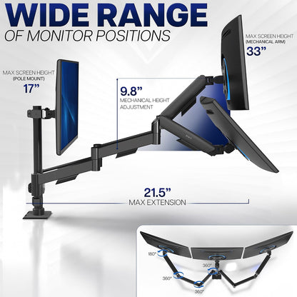 Dual Monitor Stand, Fully Adjustable Arms for 17 to 32 inch Screens, Mechanical Articulating Desk Mount, Gaming and Office Setups, VESA 75x75, 100x100, Max 19.8 lbs, Classic, Black, STAND-V002O