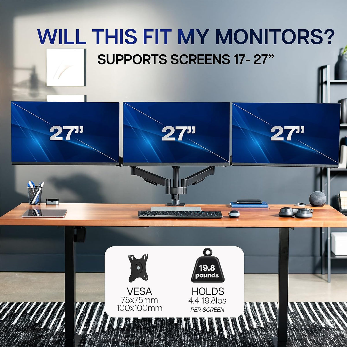 Dual Monitor Stand, Fully Adjustable Arms for 17 to 32 inch Screens, Mechanical Articulating Desk Mount, Gaming and Office Setups, VESA 75x75, 100x100, Max 19.8 lbs, Classic, Black, STAND-V002O