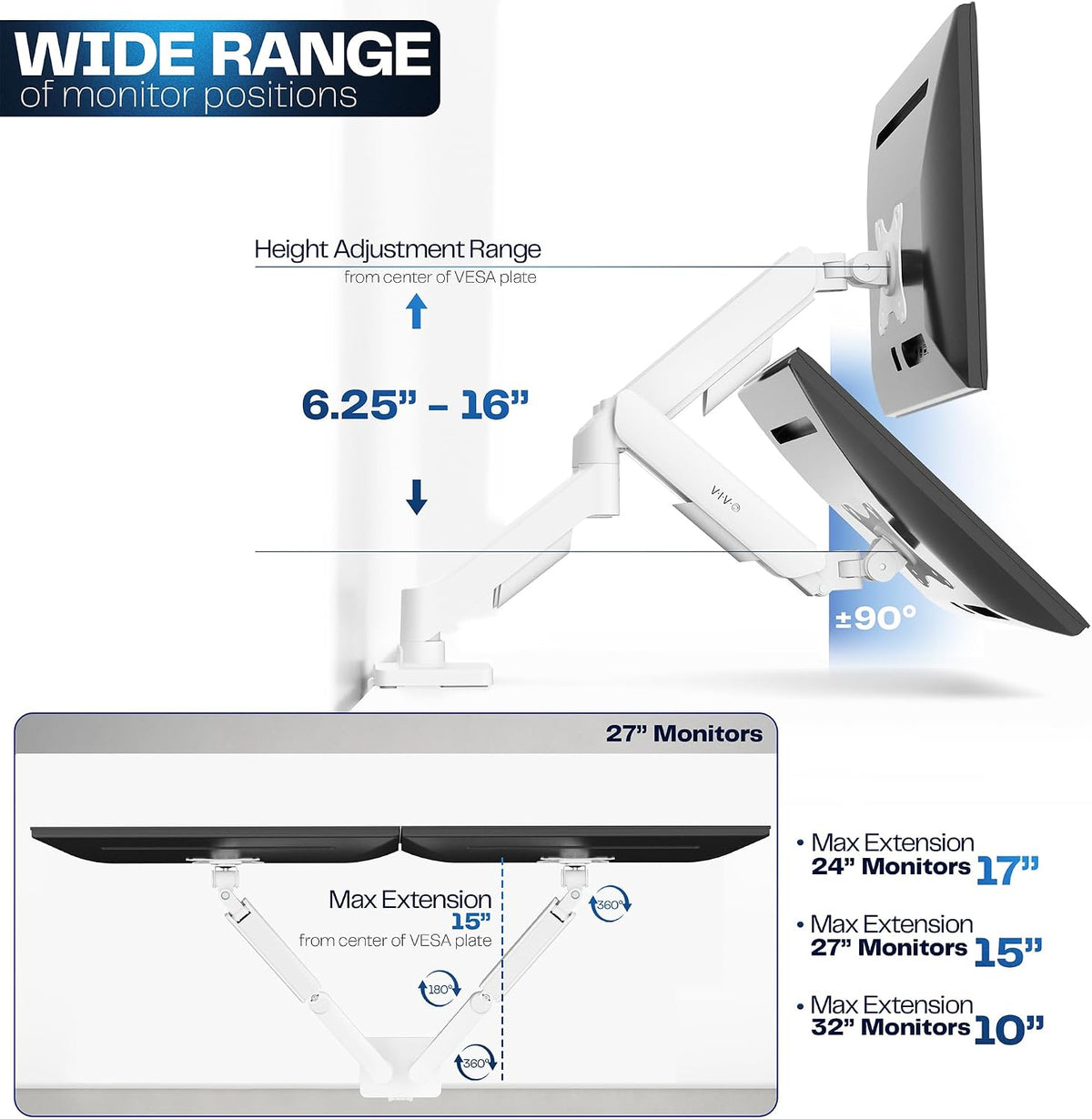 Dual Monitor Stand, Fully Adjustable Arms for 17 to 32 inch Screens, Mechanical Articulating Desk Mount, Gaming and Office Setups, VESA 75x75, 100x100, Max 19.8 lbs, Classic, Black, STAND-V002O