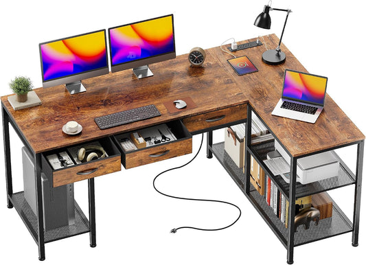 55 Inch L Shaped Office Desk with Power Outlets and Type-C Port, Large Computer Gaming Desk with 3 Fabric Drawers, Mesh Shelves, Corner Study Work Writing Desk, Rustic Brown