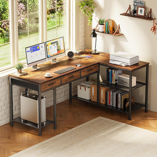 55 Inch L Shaped Office Desk with Power Outlets and Type-C Port, Large Computer Gaming Desk with 3 Fabric Drawers, Mesh Shelves, Corner Study Work Writing Desk, Rustic Brown