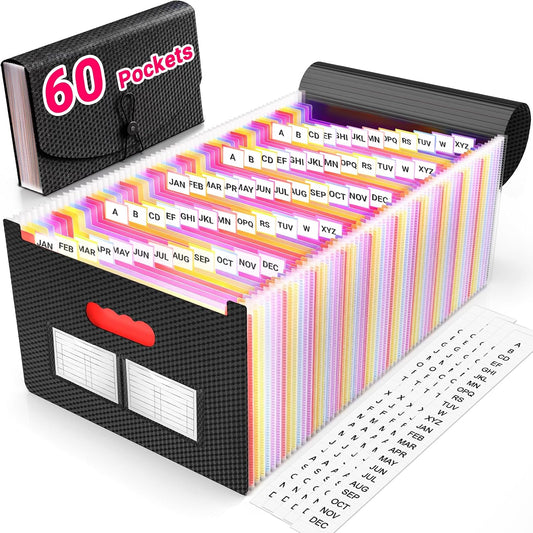 Accordian File Organizer, 60 Pockets Large Expanding File Folder Organizer with Blank Labels, Letter/A4 Size Accordion Files Organizers Expandable for Receipt, Bill, Tax, Legal