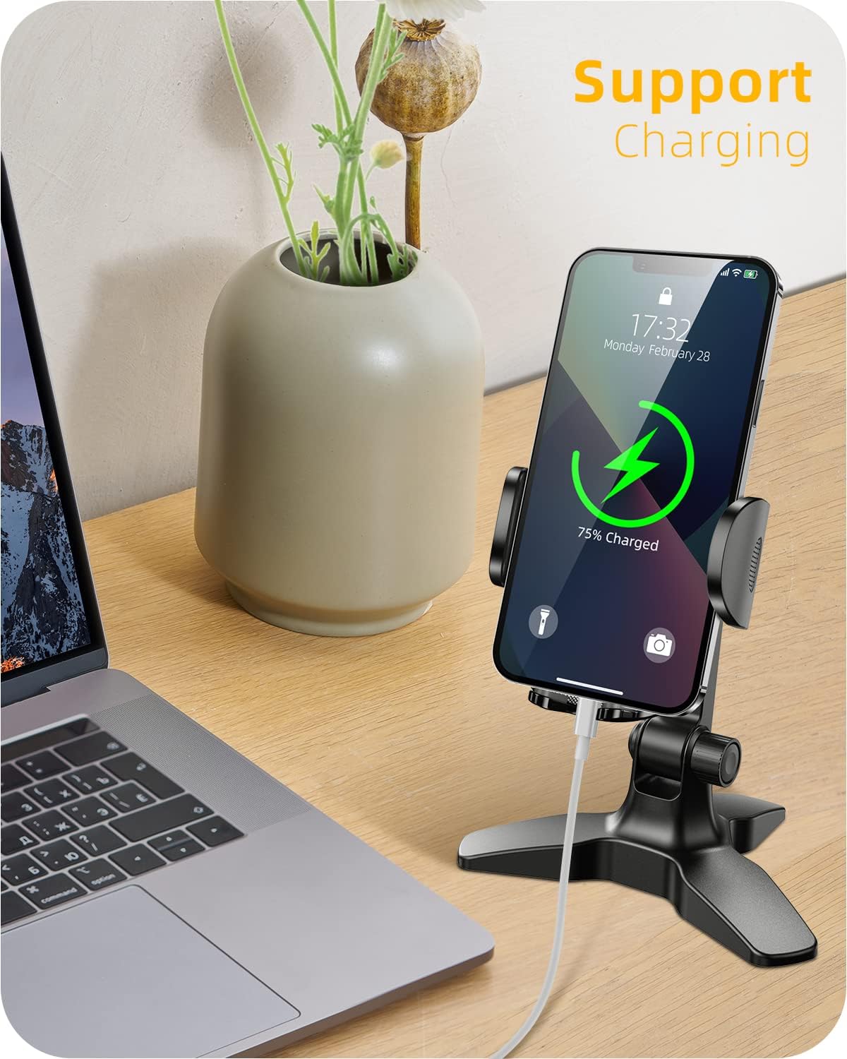 Heavy Duty Phone Stand - Adjustable Desktop Holder for Video Calls, Compatible with 4.7-6.8" Smartphones & Thick Cases, Perfect for Home Office
