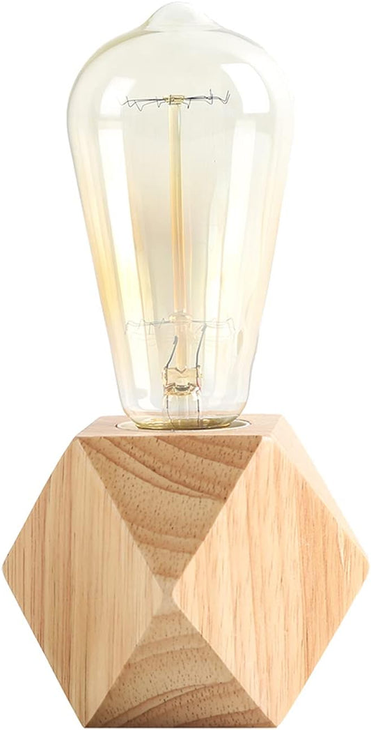 Small Wood Table Lamp, Bedside Lamp with Diamond Wooden Base E26 60W Industrial Night Light Boho Deco for Bedroom, Living Room or Office(No Bulb)