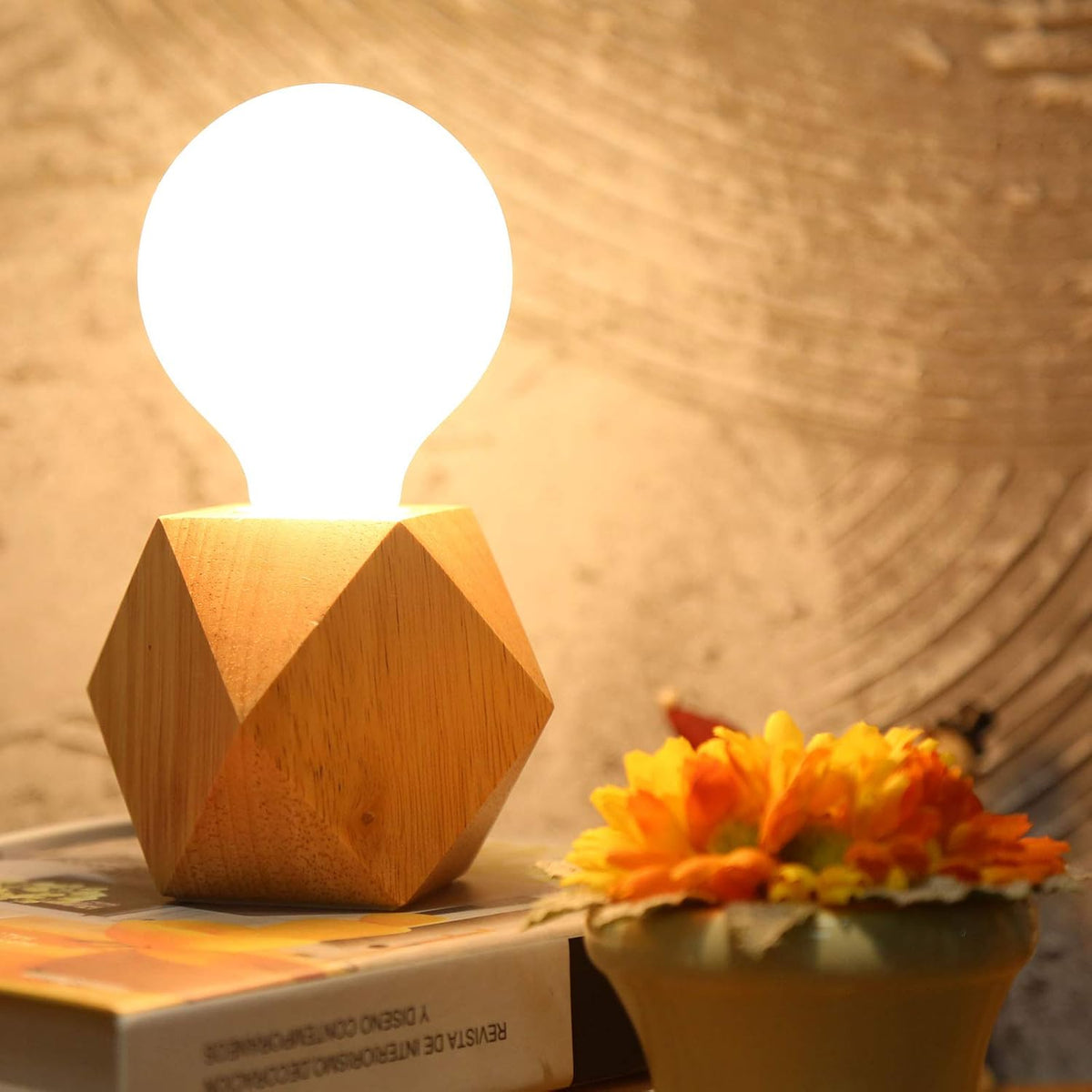 Small Wood Table Lamp, Bedside Lamp with Diamond Wooden Base E26 60W Industrial Night Light Boho Deco for Bedroom, Living Room or Office(No Bulb)