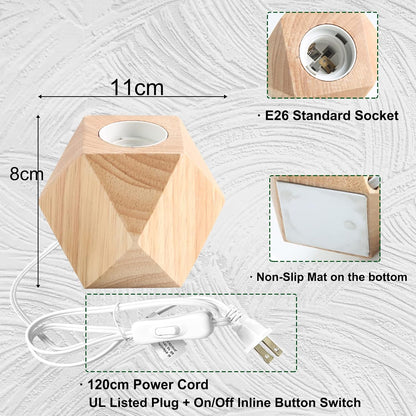 Small Wood Table Lamp, Bedside Lamp with Diamond Wooden Base E26 60W Industrial Night Light Boho Deco for Bedroom, Living Room or Office(No Bulb)