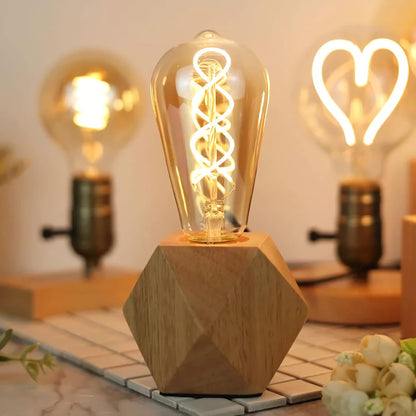 Small Wood Table Lamp, Bedside Lamp with Diamond Wooden Base E26 60W Industrial Night Light Boho Deco for Bedroom, Living Room or Office(No Bulb)