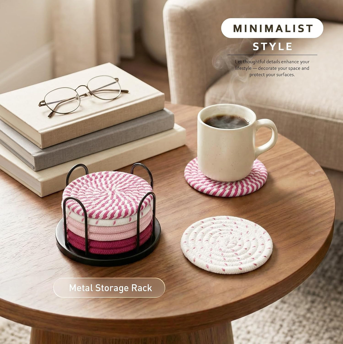 Coasters Set of 8 for Drinks, 4 Inch Large Coasters for Coffee Table, Tabletop Protection for Hot & Cold Drinks, Versatile Coasters for Home Decor, Non-Slip & Easy to Clean, Coffee