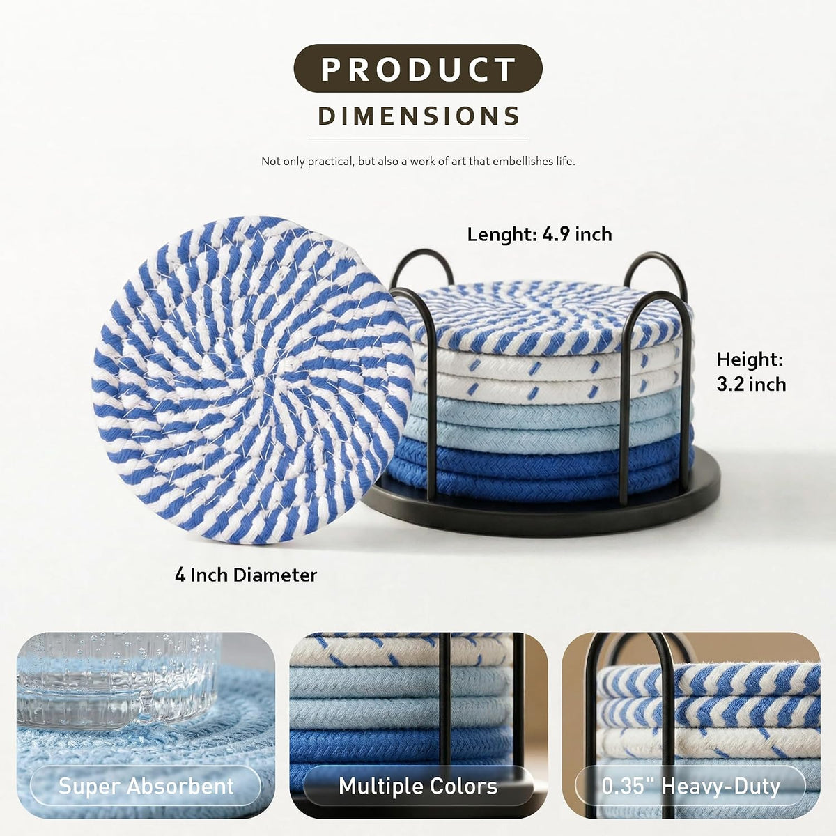 Coasters Set of 8 for Drinks, 4 Inch Large Coasters for Coffee Table, Tabletop Protection for Hot & Cold Drinks, Versatile Coasters for Home Decor, Non-Slip & Easy to Clean, Coffee