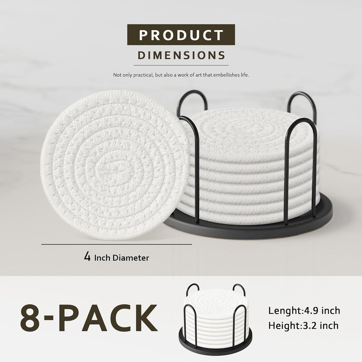 Coasters Set of 8 for Drinks, 4 Inch Large Coasters for Coffee Table, Tabletop Protection for Hot & Cold Drinks, Versatile Coasters for Home Decor, Non-Slip & Easy to Clean, Coffee