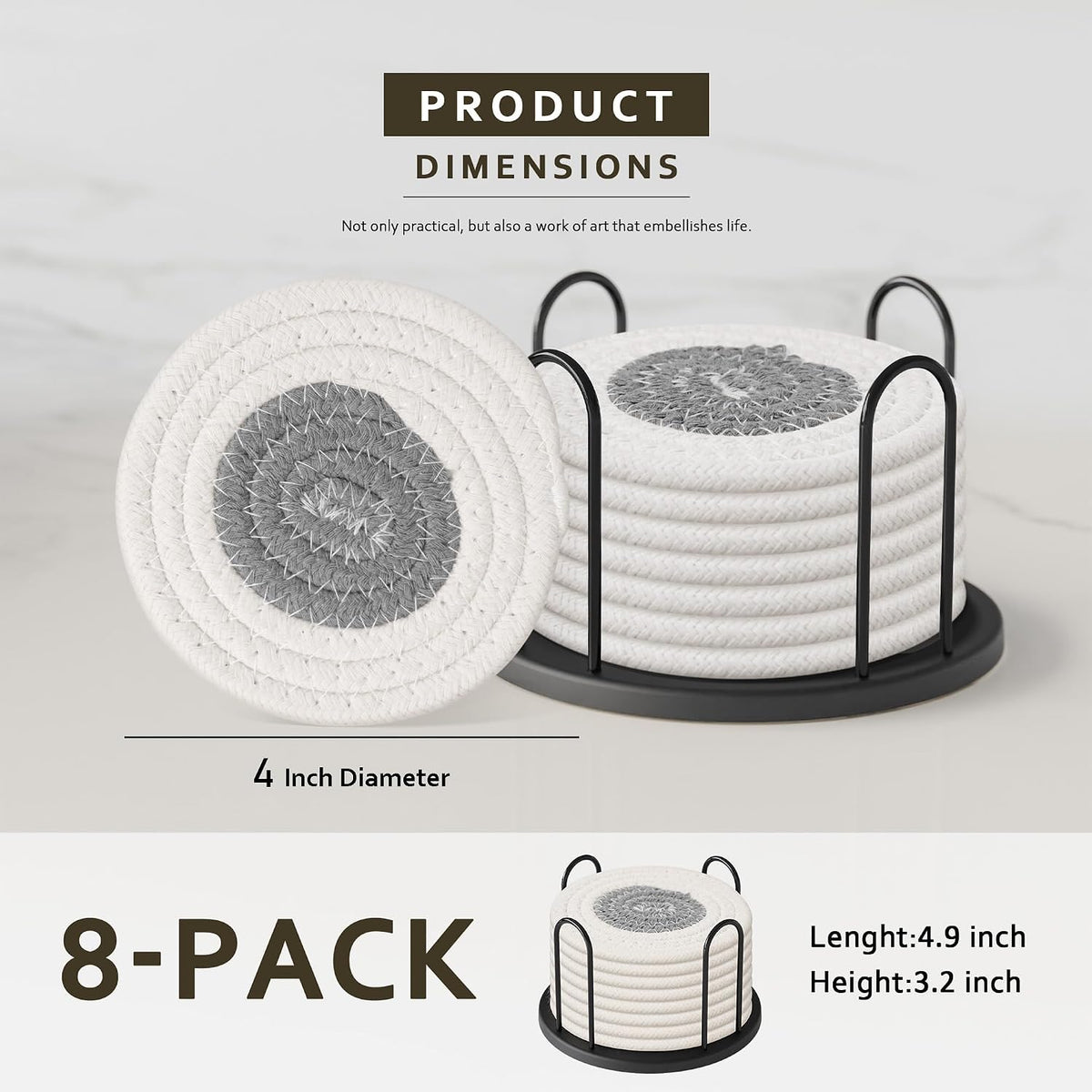 Coasters Set of 8 for Drinks, 4 Inch Large Coasters for Coffee Table, Tabletop Protection for Hot & Cold Drinks, Versatile Coasters for Home Decor, Non-Slip & Easy to Clean, Coffee