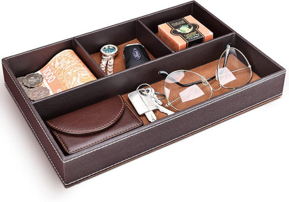 Faux Leather Valet Tray for Men, Stackable Jewelry Organizer for Drawers Inserts, Nightstand Caddy Tray for Key, Wallet, Sunglass, Watch, Coin, Phone, Bedside Desktop Storage Brown