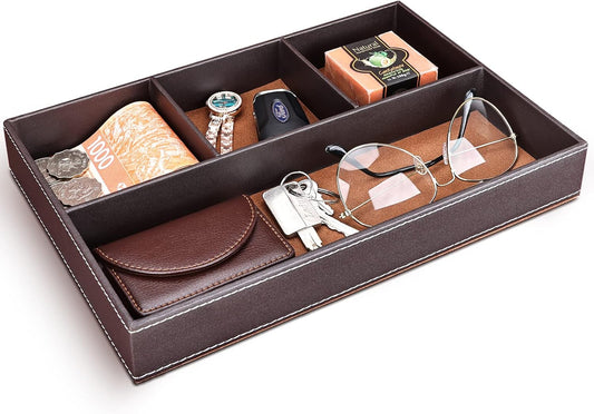Faux Leather Valet Tray for Men, Stackable Jewelry Organizer for Drawers Inserts, Nightstand Caddy Tray for Key, Wallet, Sunglass, Watch, Coin, Phone, Bedside Desktop Storage Brown