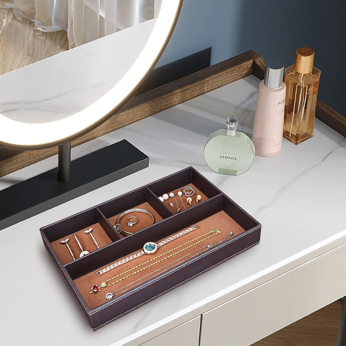 Faux Leather Valet Tray for Men, Stackable Jewelry Organizer for Drawers Inserts, Nightstand Caddy Tray for Key, Wallet, Sunglass, Watch, Coin, Phone, Bedside Desktop Storage Brown