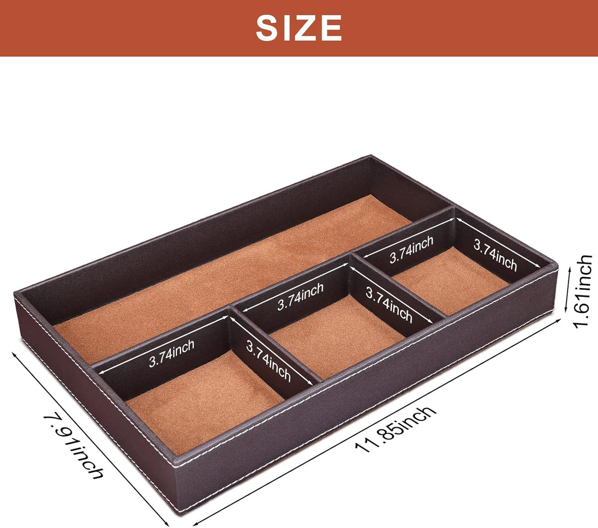 Faux Leather Valet Tray for Men, Stackable Jewelry Organizer for Drawers Inserts, Nightstand Caddy Tray for Key, Wallet, Sunglass, Watch, Coin, Phone, Bedside Desktop Storage Brown