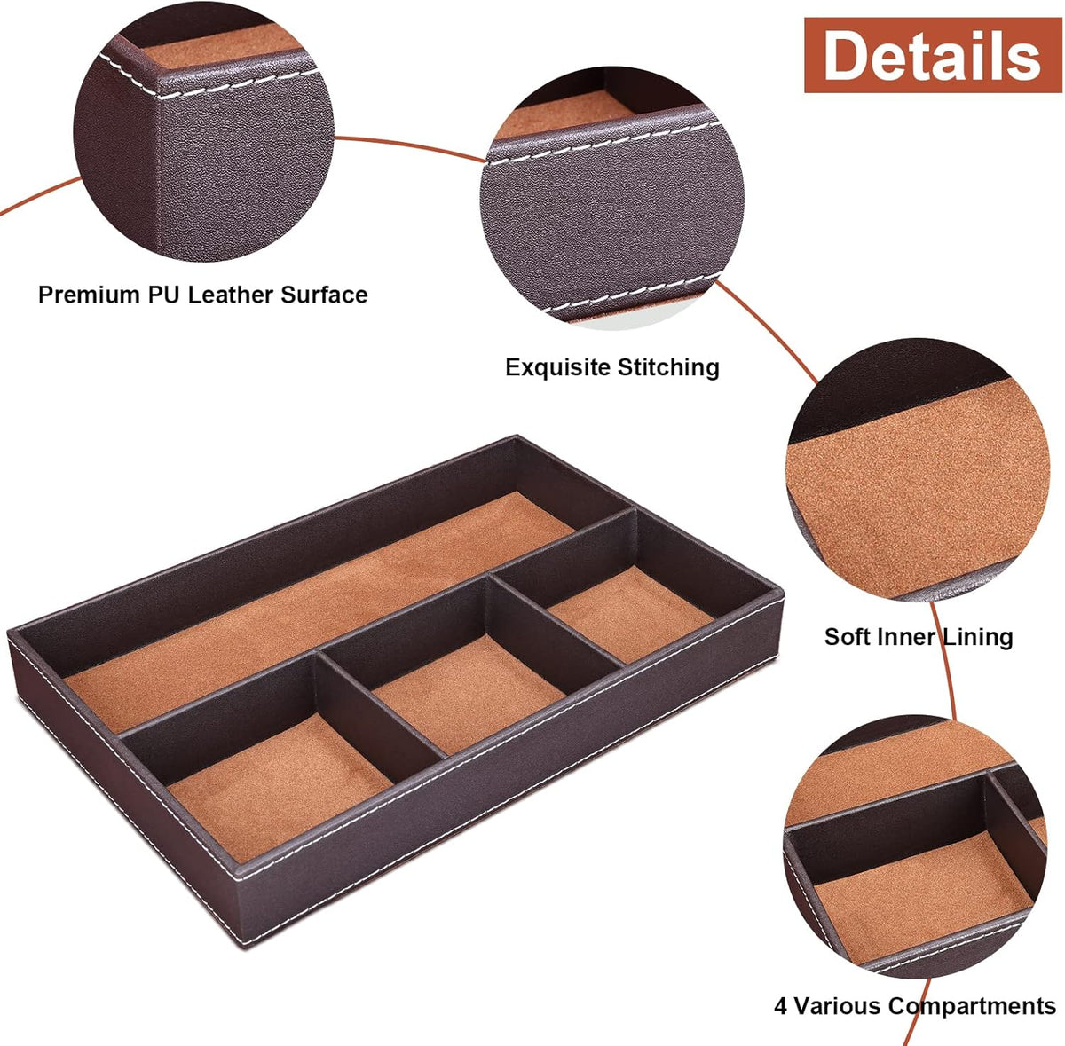 Faux Leather Valet Tray for Men, Stackable Jewelry Organizer for Drawers Inserts, Nightstand Caddy Tray for Key, Wallet, Sunglass, Watch, Coin, Phone, Bedside Desktop Storage Brown