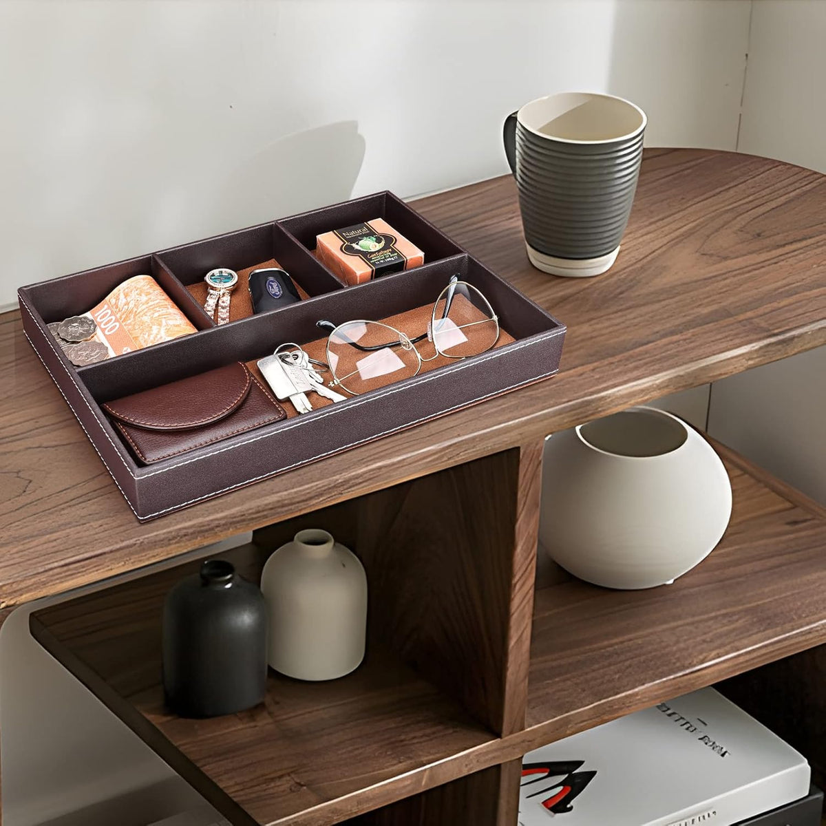 Faux Leather Valet Tray for Men, Stackable Jewelry Organizer for Drawers Inserts, Nightstand Caddy Tray for Key, Wallet, Sunglass, Watch, Coin, Phone, Bedside Desktop Storage Brown