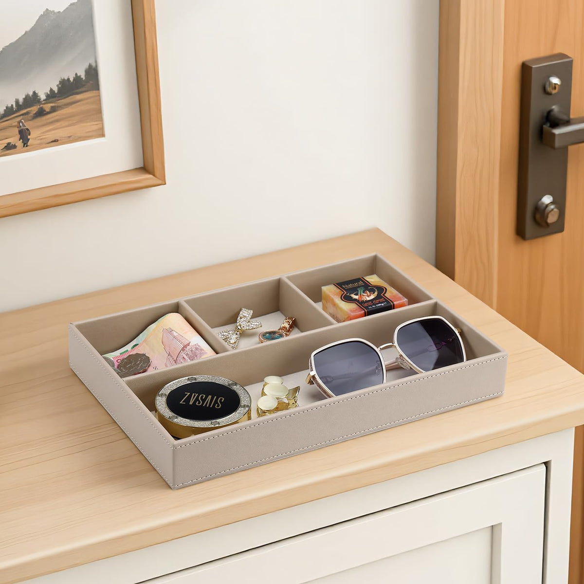 Faux Leather Valet Tray for Men, Stackable Jewelry Organizer for Drawers Inserts, Nightstand Caddy Tray for Key, Wallet, Sunglass, Watch, Coin, Phone, Bedside Desktop Storage Brown