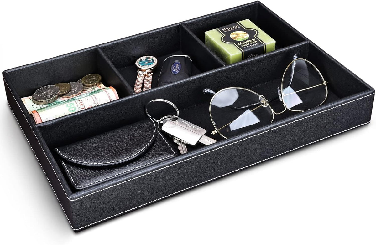 Faux Leather Valet Tray for Men, Stackable Jewelry Organizer for Drawers Inserts, Nightstand Caddy Tray for Key, Wallet, Sunglass, Watch, Coin, Phone, Bedside Desktop Storage Brown