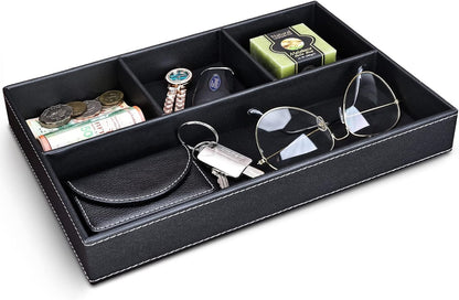 Faux Leather Valet Tray for Men, Stackable Jewelry Organizer for Drawers Inserts, Nightstand Caddy Tray for Key, Wallet, Sunglass, Watch, Coin, Phone, Bedside Desktop Storage Brown