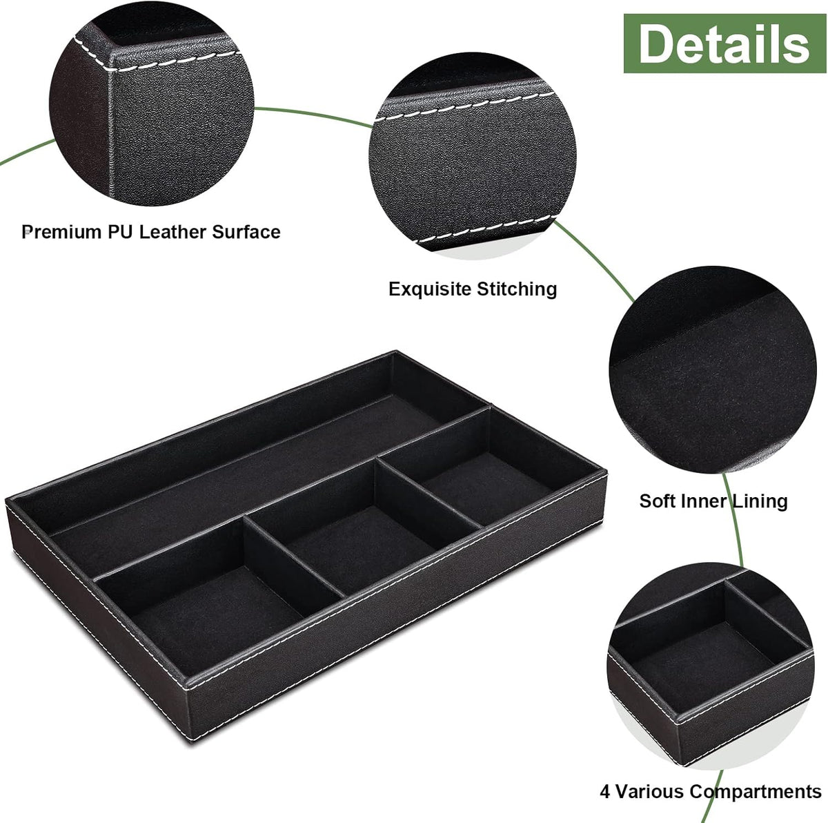 Faux Leather Valet Tray for Men, Stackable Jewelry Organizer for Drawers Inserts, Nightstand Caddy Tray for Key, Wallet, Sunglass, Watch, Coin, Phone, Bedside Desktop Storage Brown