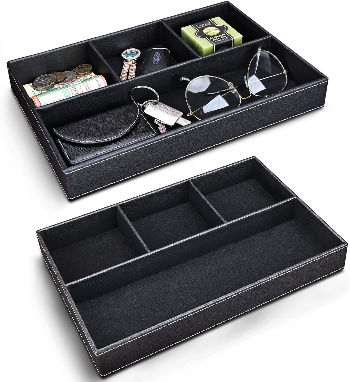 Faux Leather Valet Tray for Men, Stackable Jewelry Organizer for Drawers Inserts, Nightstand Caddy Tray for Key, Wallet, Sunglass, Watch, Coin, Phone, Bedside Desktop Storage Brown