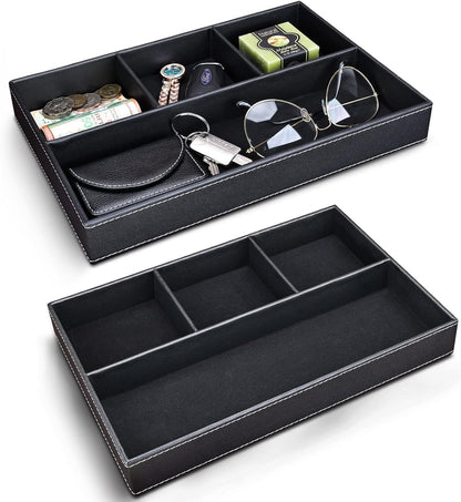 Faux Leather Valet Tray for Men, Stackable Jewelry Organizer for Drawers Inserts, Nightstand Caddy Tray for Key, Wallet, Sunglass, Watch, Coin, Phone, Bedside Desktop Storage Brown