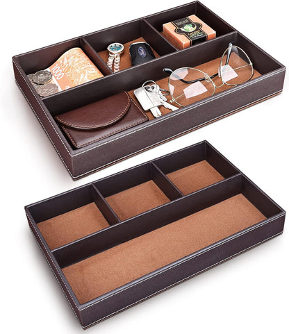 Faux Leather Valet Tray for Men, Stackable Jewelry Organizer for Drawers Inserts, Nightstand Caddy Tray for Key, Wallet, Sunglass, Watch, Coin, Phone, Bedside Desktop Storage Brown