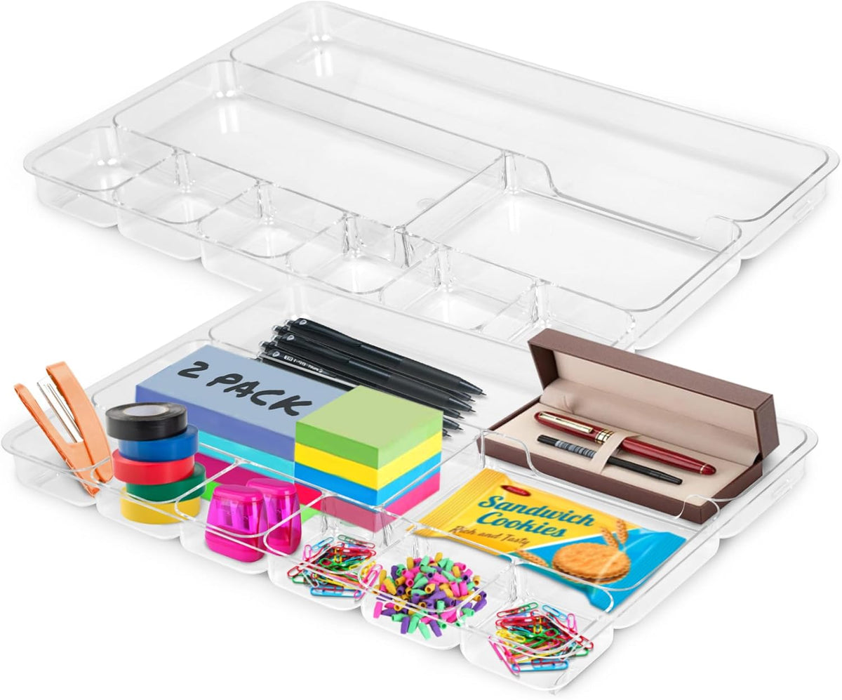 Desk Drawer Organizer Tray with 9 Storage Compartments - For Home and Office - Drawer Organizers Office, Perfect Organizing Pens, Pencils, Paper Clips, Sticky Notes - Clear - 2 Pack