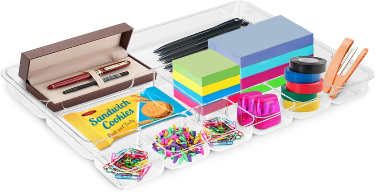 Desk Drawer Organizer Tray with 9 Storage Compartments - For Home and Office - Drawer Organizers Office, Perfect Organizing Pens, Pencils, Paper Clips, Sticky Notes - Clear - 2 Pack