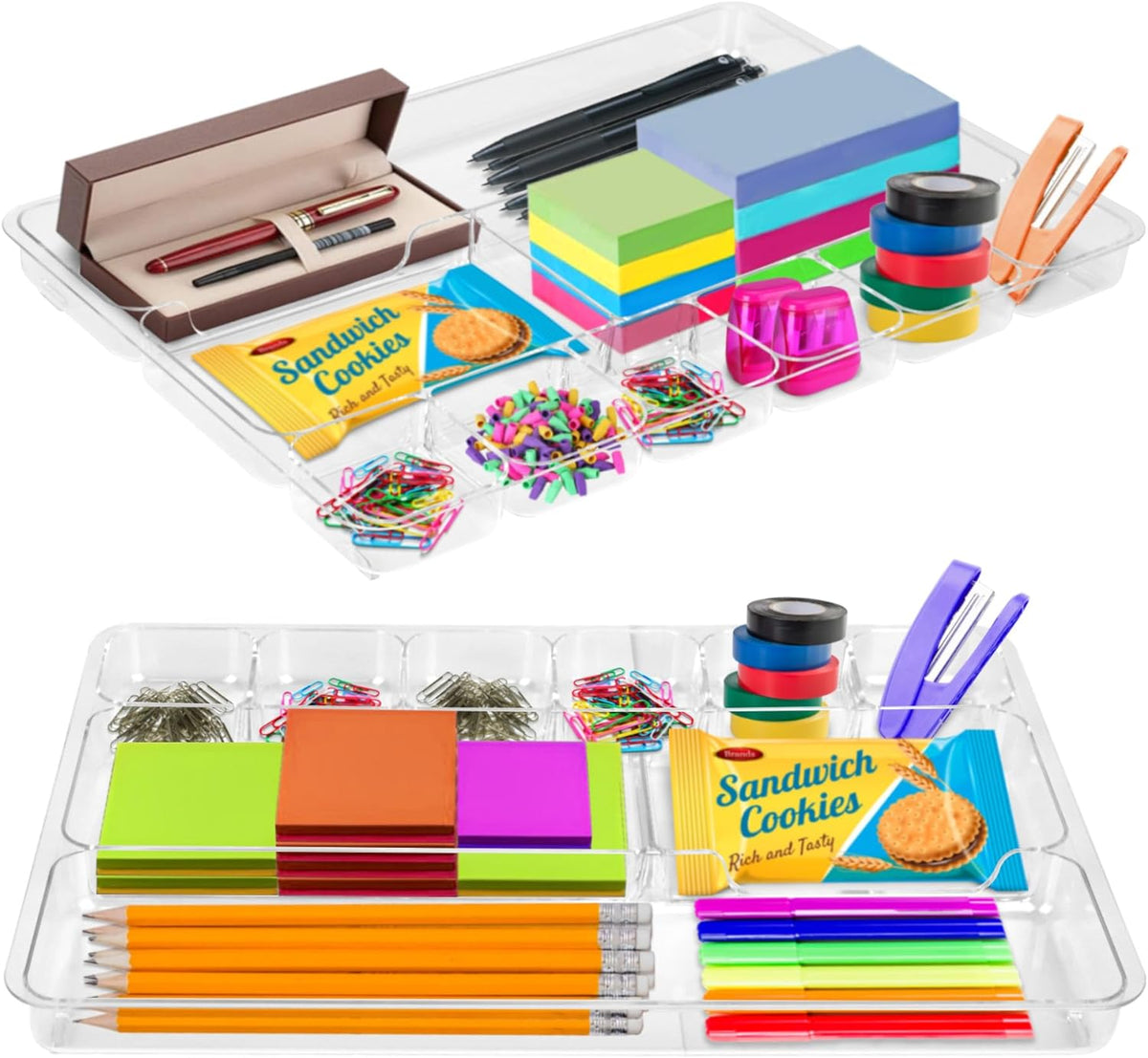 Desk Drawer Organizer Tray with 9 Storage Compartments - For Home and Office - Drawer Organizers Office, Perfect Organizing Pens, Pencils, Paper Clips, Sticky Notes - Clear - 2 Pack