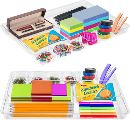 Desk Drawer Organizer Tray with 9 Storage Compartments - For Home and Office - Drawer Organizers Office, Perfect Organizing Pens, Pencils, Paper Clips, Sticky Notes - Clear - 2 Pack