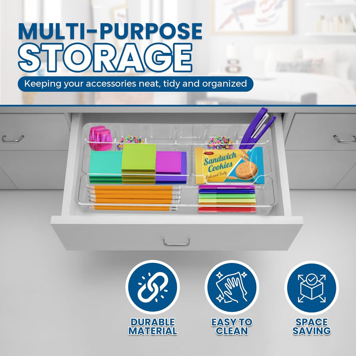 Desk Drawer Organizer Tray with 9 Storage Compartments - For Home and Office - Drawer Organizers Office, Perfect Organizing Pens, Pencils, Paper Clips, Sticky Notes - Clear - 2 Pack