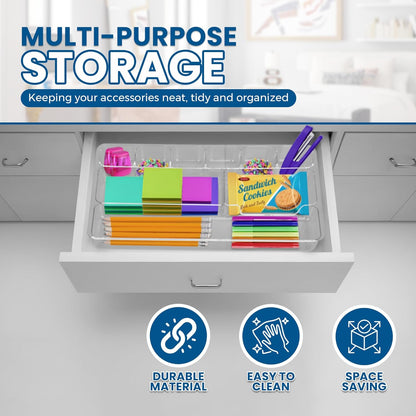 Desk Drawer Organizer Tray with 9 Storage Compartments - For Home and Office - Drawer Organizers Office, Perfect Organizing Pens, Pencils, Paper Clips, Sticky Notes - Clear - 2 Pack