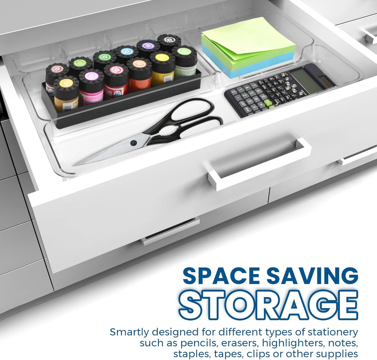 Desk Drawer Organizer Tray with 9 Storage Compartments - For Home and Office - Drawer Organizers Office, Perfect Organizing Pens, Pencils, Paper Clips, Sticky Notes - Clear - 2 Pack
