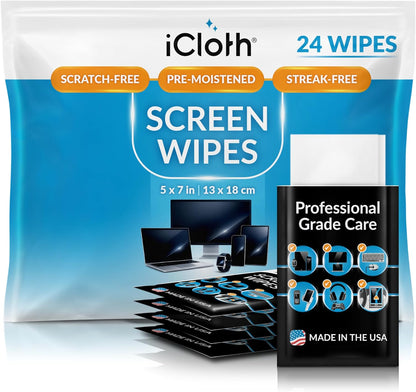Screen Cleaner Wipes Individually Wrapped Travel Size Streak-Free (24 Large Wipes)