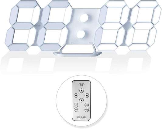 3D LED Digital Wall Clock with Remote Control, 9.7 Inch, White